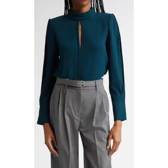 Reiss Cherry Keyhole Mock Neck Long Sleeve Blouse Office Dark Teal Career size 4 - Picture 1 of 11
